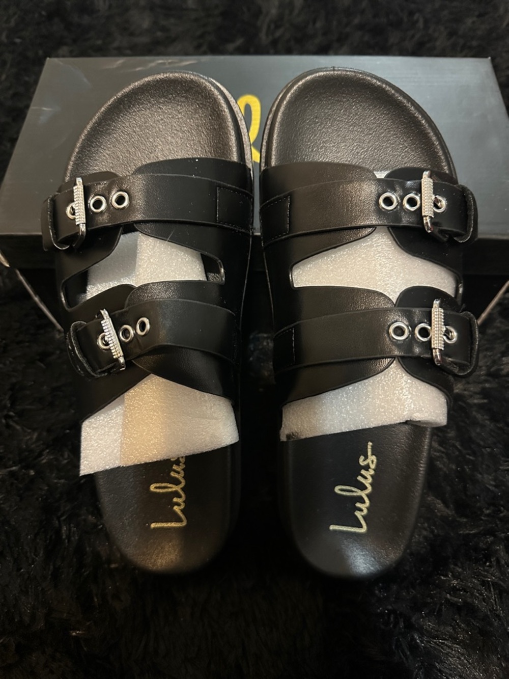 Lulu's Black Double Buckle Slide Sandals